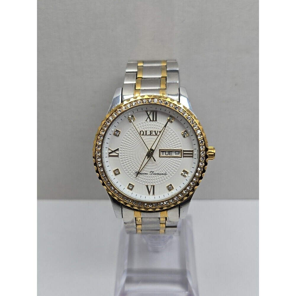 OLEVS Mens 40mm Diamond Markers Day Date Watch Two Tone Stainless New Battery